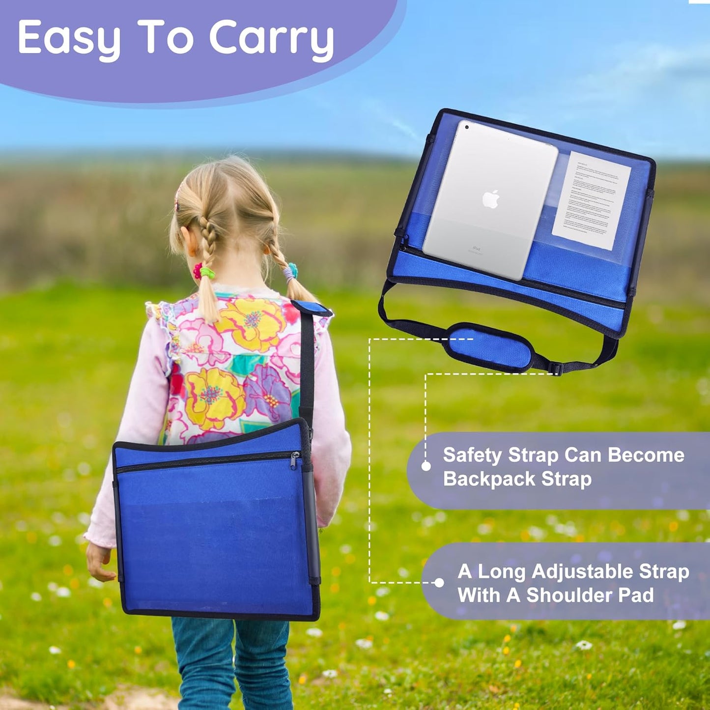Kids Travel Tray, Kids Travel Trays for Car Seat, Road Trip Essentials for Toddler, Carseat Lap Tray with Dry Erase Board & Storage Organizer for Road Trip Activities for Kid, Blue
