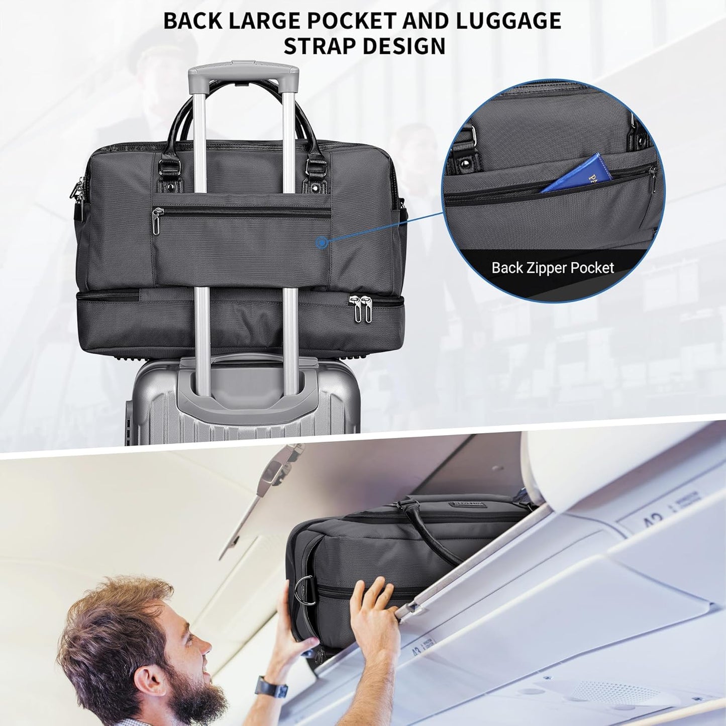 WITZMAN Weekender Bags for Men Women Carry On Duffle Overnight Bag with Toiletry Bag Sets Travel Duffel Bag Shoes Compartment (B694 Silvery Grey) - Roamly