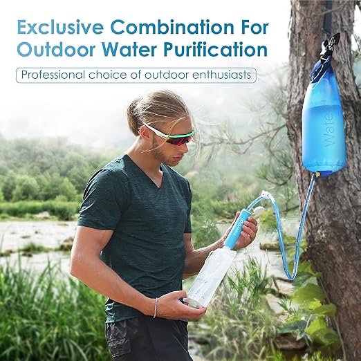 Waterdrop Gravity Water Filter Straw, Camping Water Filtration System, Water Purifier Survival for Travel, Backpacking and Emergency Preparedness, 1.5 gal Bag, 5 Stage Filtration