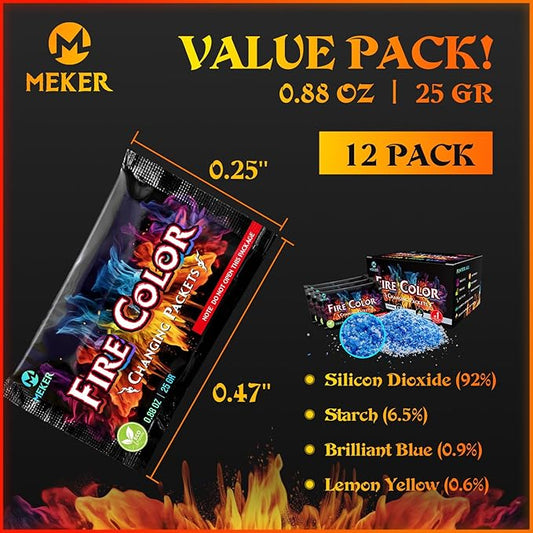 MEKER Fire Color Changing Packets - Fire Pit, Campfires, Outdoor Fireplaces, Bonfire - Magic Colorful Changing Fire - Perfect Fire Camping Accessories for Kids & Adults (12 Pack)