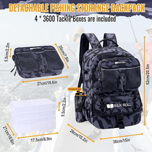 50L Fishing Tackle Backpack with Rod Holder and 4 Included 3600 Tackle Boxes - Waterproof Fishing Backpack for Ultimate Gear Organization and Storage (Black Camo)