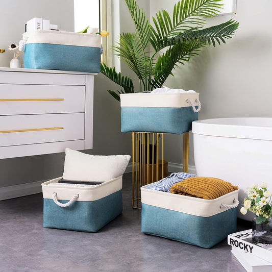 TheWarmHome Fabric Storage Bin with Handles,Storage Basket for Home Storage and Organization, Shelf Basket with Cover for Living Room Bedroom Closet(White & Green Large,15.7L*11.8W*8.3H