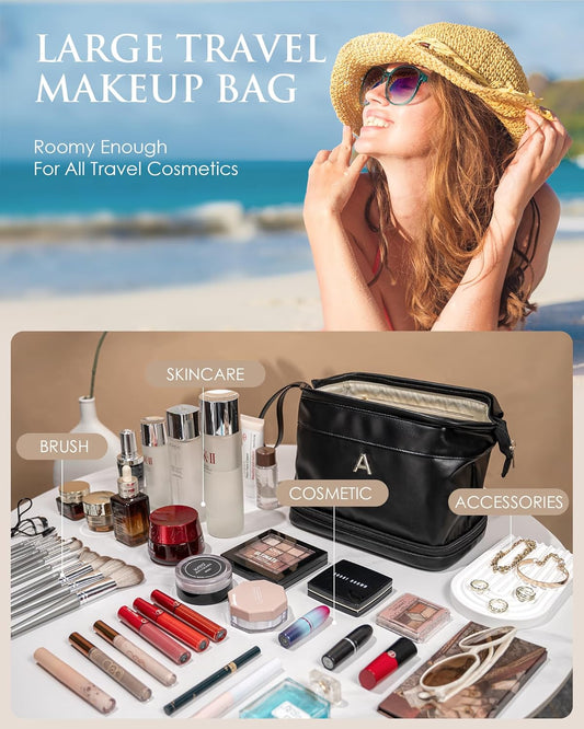 Daughter Birthday Gift-Makeup Bag, Women Gifts, Personalized Double Layer Cosmetic Bag with Makeup Brush Organizer, Large Capacity PU Leather Travel Toiletry Bag Gifts for Friends Female Mom