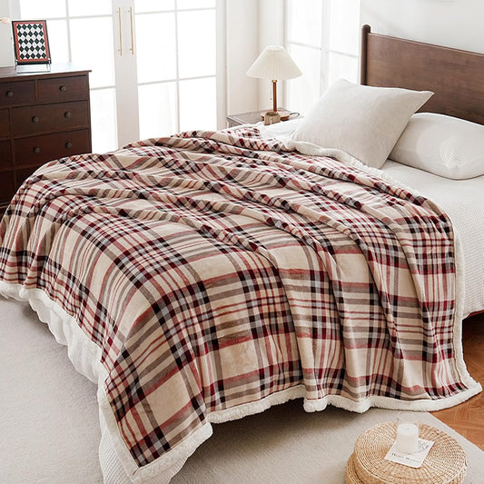 PU MEI Sherpa Fleece Throw Blanket 60" x 80" Reversible Plush Fluffy Large Big Blanket Lattice Flannel Blankets for All Season Use, Beige Stripe