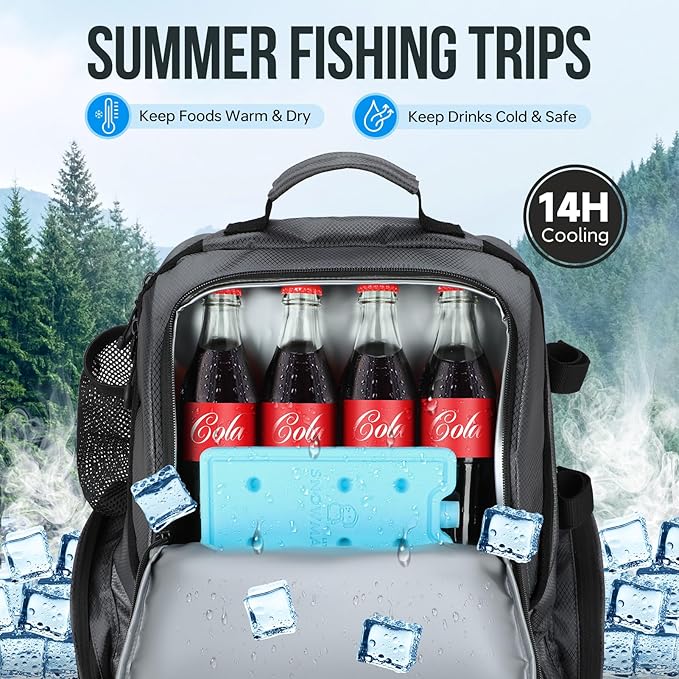 PLUSINNO Cooler Fishing Backpack with Rod Holders 45L Large Water-resistant Fishing Tackle bag Store Fishing Gear Fishing Gifts for Men Father, Sport Bags