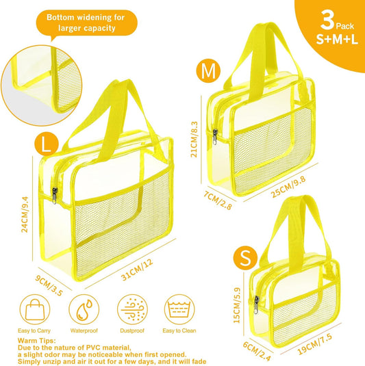 XEWEA Clear Travel Toiletry Bags, 3 Pack TSA Approved Transparent Makeup Bag for Men Women,Large Waterproof PVC Quart Organizer Kit with Zipper for Toiletries Airline Essential,Toy Pouch Yellow - Roamly