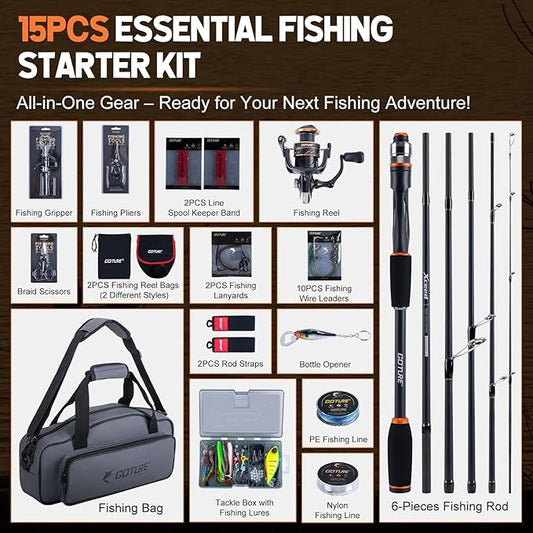 Goture Spinning Fishing Rod & Reel Combo with Carrier Bag,6.6-9FT,Spin Reels, Lures Kit, Pliers, Braided Line, Fish Gripper, Carbon Fiber Freshwater Fishing Rod Full Kit for Starter