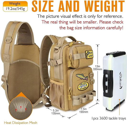 Dovesun Small Fishing Backpack with Tackle Boxes Fishing Sling Bag DIY Embroidery Patches Tackle Bag Gift for Men Khaki
