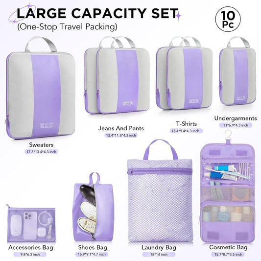 10 Set Compression Packing Cubes for Travel Essentials,Compressible Expandable Packing Cubes for Suitcase,OlarHike Luggage Organizer Bags for Travel,Handy Helper for Organizing Clothes(Light Purple) - Roamly