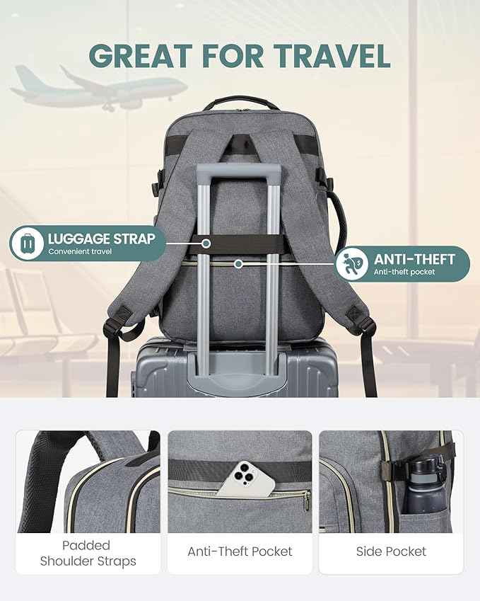 LOVEVOOK Travel Backpack for Women & Men 50L,Airline Approved Carry On Backpack Travel Essentials,TSA Carry on Luggage,Waterproof Personal Item Travel Bag,Suitcase with 3 Packing Cubes,Gray-Black