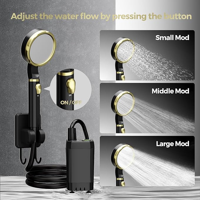 Portable Shower for Camping, Rechargeable Camping Shower Pump with LED Display of Battery Level and Temperature, Lasting-180 Mins, Suitable for Outdoor Shower, Pet Bath, Car Washing