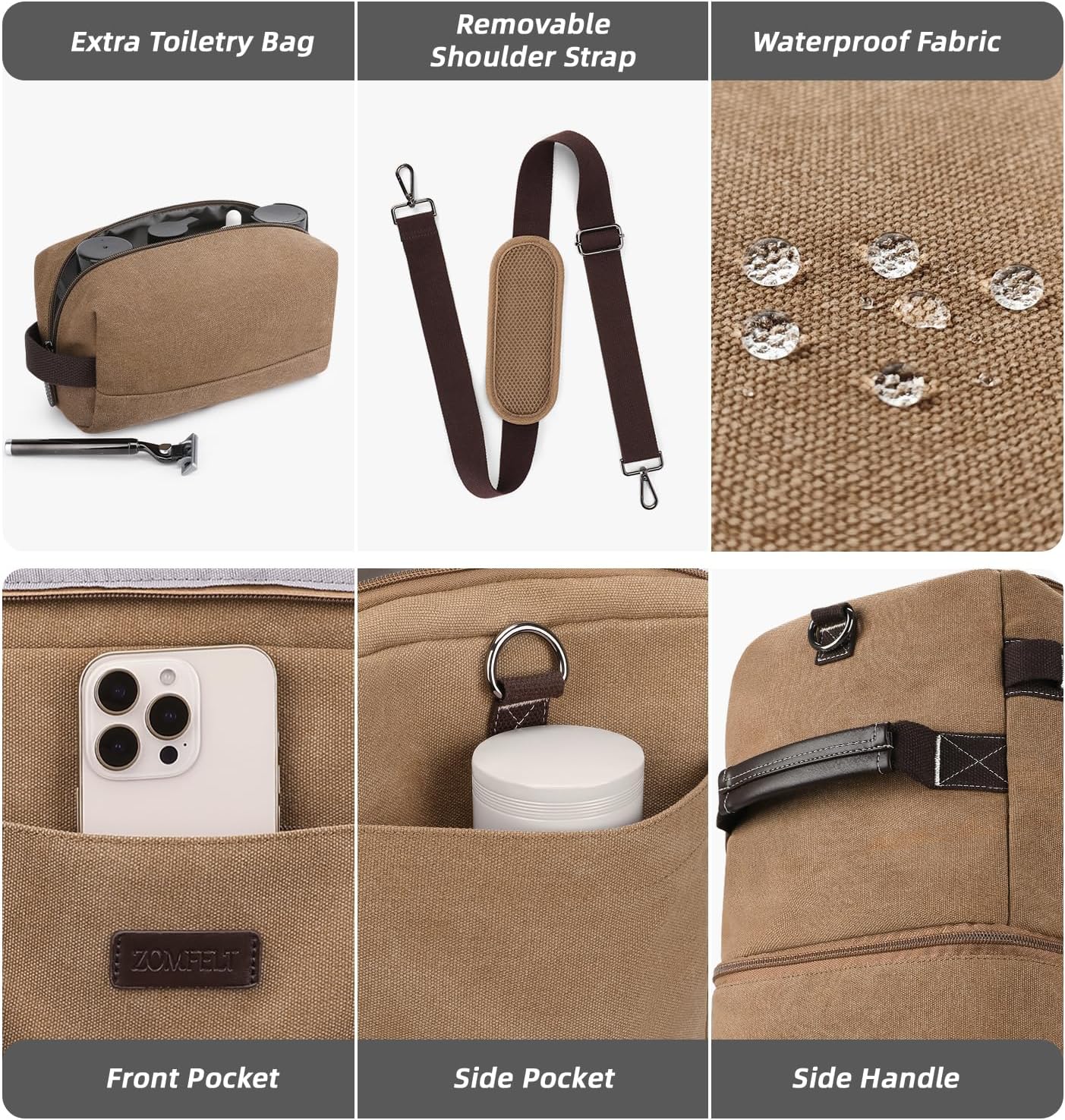 ZOMFELT Travel Duffle Bag for Men, Waterproof Canvas Overnight Duffel Bag with Removable Dividers & Shoe Compartment, Carry On Weekender Gym bag, Multi-Pocket & Vintage Design (Washed Brown) - Roamly