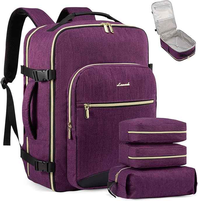 LOVEVOOK Travel Backpack for Women & Men 40L,Airline Approved Carry On Backpack Travel Essentials,TSA Carry on Luggage,Waterproof Personal Item Travel Bag,Suitcase with Packing Cubes,Dark purple-Black