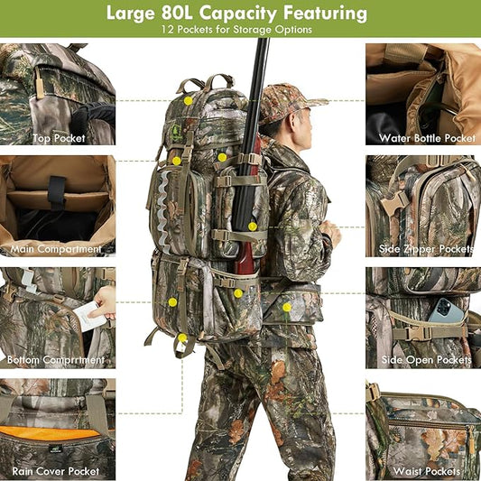 Hunting Backpack for Men, 60/80L Camo Backpack with Waterproof Rain Cover, 600D Hunting Pack for Hunters