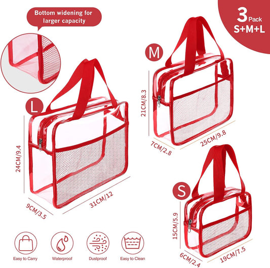 XEWEA Clear Travel Toiletry Bags, 3 Pack TSA Approved Transparent Makeup Bag for Men Women, Large Waterproof PVC Quart Organizer Kit with Zipper for Toiletries Airline Essential,Toy Storage Pouch Red - Roamly