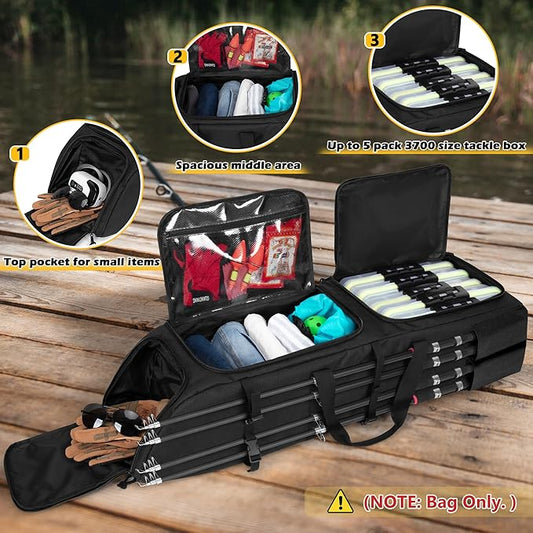Rexmica Fishing Rod Bag Backpack Holds 8 Rods & Reels, Fishing Tackle Bag with Compartment for Tackle Boxes, Fishing Gear or Equipment, Fishing Pole Carrying Bag with Tactical Molle System