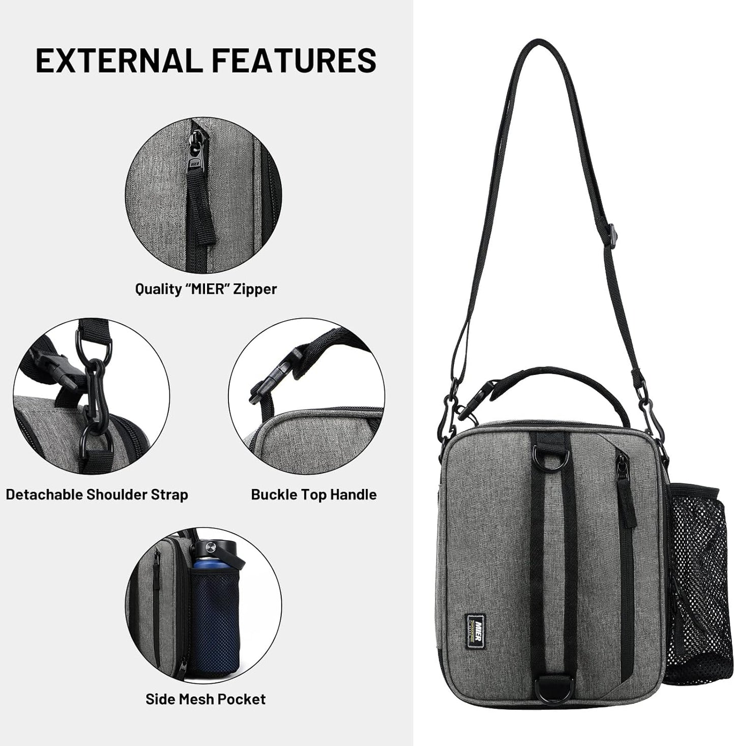 MIER Expandable Lunch Bag Insulated Lunch Box for Men to Work Travel Portable Lunchbox Bags with Shoulder Strap and Water Bottle Holder, Grey