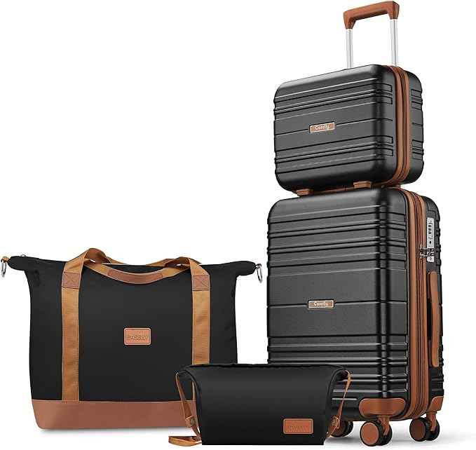 Luggage Sets 4 Piece, 20 Inch Expandable Carry On Suitcase with TSA Lock & Spinner Wheels, Lightweight Travel Luggage Sets with YKK Zippers (Black, 4 Piece Sets(14/20/DB/TB))
