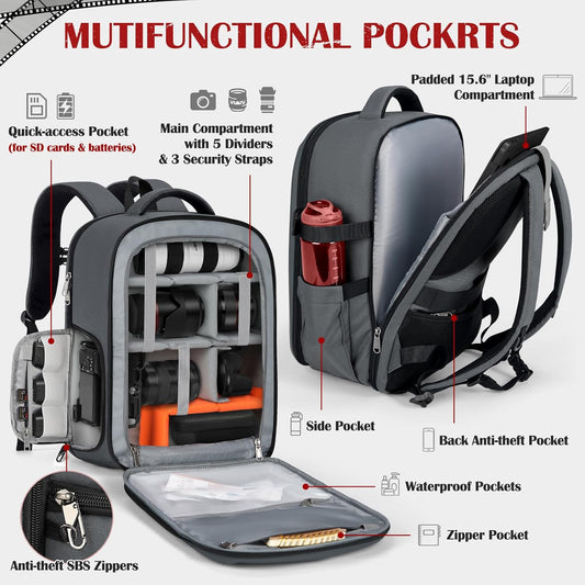 SDYSM Camera Backpack, Hardshell DSLR/SLR Camera Bag with Lens Pouch & 15.6" Laptop Compartment Waterproof Camera Case with Rain Cover Photography Backpack Compatible for Canon/Nikon/Sony/Drone,Gray