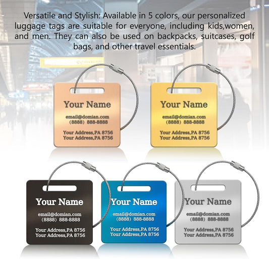 (2-Pack) Stainless Steel Custom Luggage Tags - Laser Engraved Personalized Travel Tags - Custom Name Identification Tags: for Suitcases, Backpacks, Bags and More (Silver)