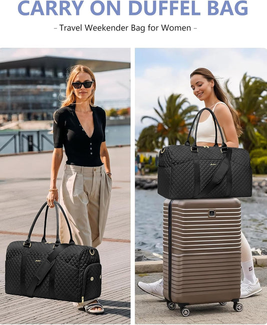 Women Weekender Travel Duffle Bag: Travel Duffel Overnight Bags with Shoe Compartment Large Carry on Tote with Toiletry Bag Weekend Traveling Yoga Gym Hospital Bag for Women with Wet Pocket Black