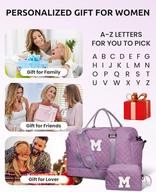 Women's Personalized Monogram Overnight Weekender with Shoulder Strap, Wet Pocket, Makeup Bag Gifts (Letter W) - Roamly