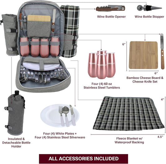 Truvelli Picnic Backpack for 4 with Blanket – 12-in-1 Insulated Picnic Basket Backpack Set with Wine Holder, Cheese Board & Cutlery – Premium Picnic Back Pack for Family & Group Adventures, Gray