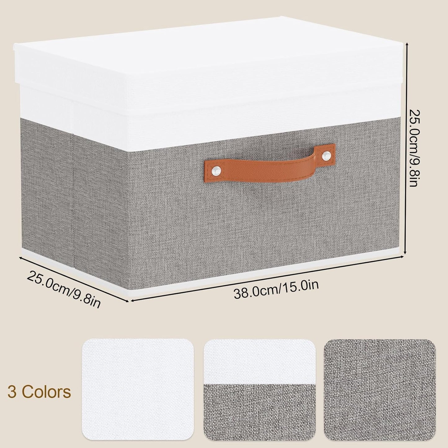 Fabric Storage Bins with Lids, 3 Pack Linen Foldable Cloth Baskets, 15 x 9.8 x 9.8 Inch Closet Organizer Containers with Double Handles, Sweater Boxes for Bedroom, White and Grey