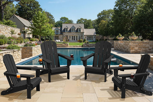 SERWALL Folding Adirondack Chair, Dual Cup Holders & All-Weather HDPE, Wood-Like Patio Chair for Backyard, Camping,Pool & Fire Pit- Black