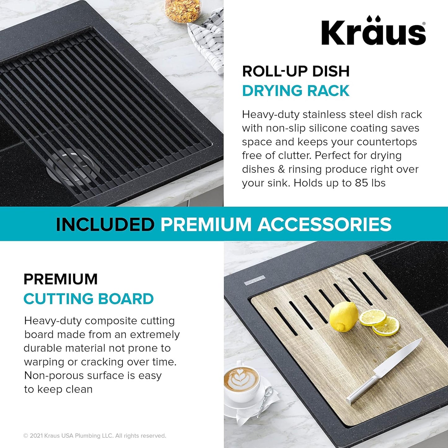 KRAUS Bellucci Workstation 33 in. Drop In Single Bowl Granite Kitchen Sink in Metallic Gray with Accessories, KGTW2-33MGR