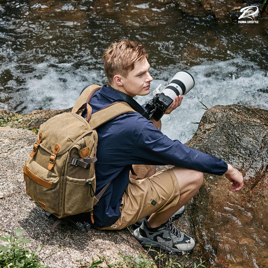 Padwa Lifestyle Khaki Camera Backpack - Professional DSLR & UAV Camera Bag,Anti Theft Canvas Camera Backpack with Rain Cover,Large Capacity Photography Travel Camera Bag with Multi Compartments