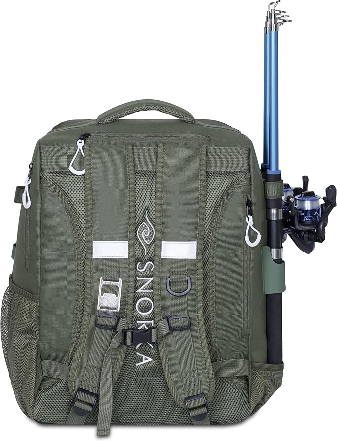 Fishing Backpack with Tackle Boxes and Rod Holders 40L; Plus Rain Cover, Padded Back Support, Insulated Front Pocket for Hot/Cold Lunch, Water Bottle Holder(Army Green)