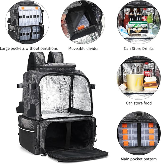 Rabjen Fishing Tackle Backpack, 45L Storage Waterproof Travel Bag Store Fishing Gear with Insulated Top Pocket