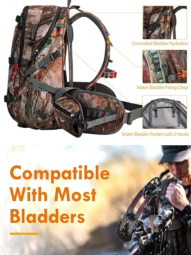 NEW VIEW Hunting Backpacks for Men 35L, Camo Backpack for Hunting with Rifle Bow Gun Holder, Waterproof Hunting Pack with Rain Rover