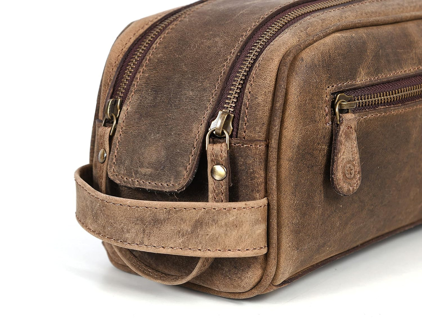 10" Premium Leather Toiletry Travel Pouch With Waterproof Lining | King-Size Handcrafted Vintage Dopp - Kit ~ Gift for Father's Day By Aaron Leather Goods (Brown) - Roamly