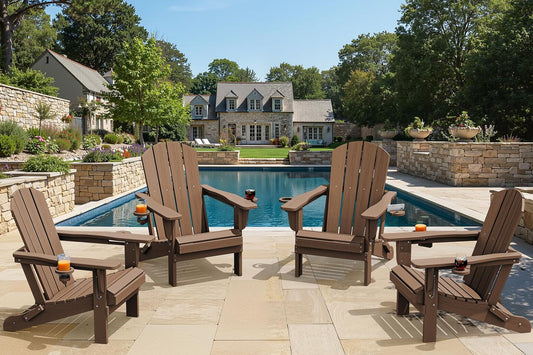 SERWALL Folding Adirondack Chair, Dual Cup Holders & All-Weather HDPE, Wood-Like Patio Chair for Backyard, Camping,Pool & Fire Pit- Brown