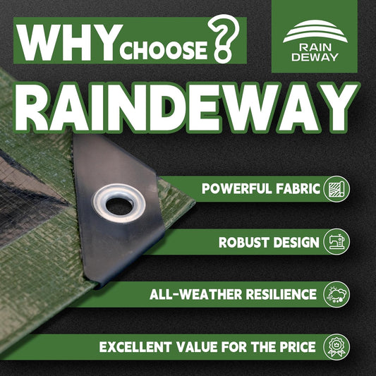 10x20 Feet Tarp Waterproof,9Mil Thick,Finished Size Tarps,UV Resistant,Durable,Multipurpose Poly Tarp Cover with Metal Grommets and Reinforced Edges,Green/Black by RAINDEWAY