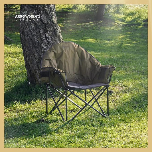 ARROWHEAD OUTDOOR Oversized Heavy-Duty Club Folding Camping Chair with Pocket, Cup Holder, Portable, Padded, Moon, Round, Saucer, Supports 330lbs, Carrying Bag
