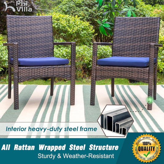 PHI VILLA Patio Wicker Chair Set of 2, Outdoor Modern PE Rattan Armchair with Removable Cushions for Deck, Porch, Balcony
