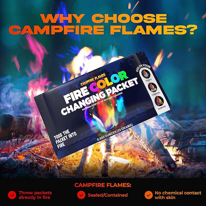 Magic Campfire Fire Color Changing Packets for Fire Pit (25 Pack) Outdoor Fireplaces & Bonfires, Rainbow Colored Flames - Perfect Camping Essential & Accessories - Must Have for Kids & Adults