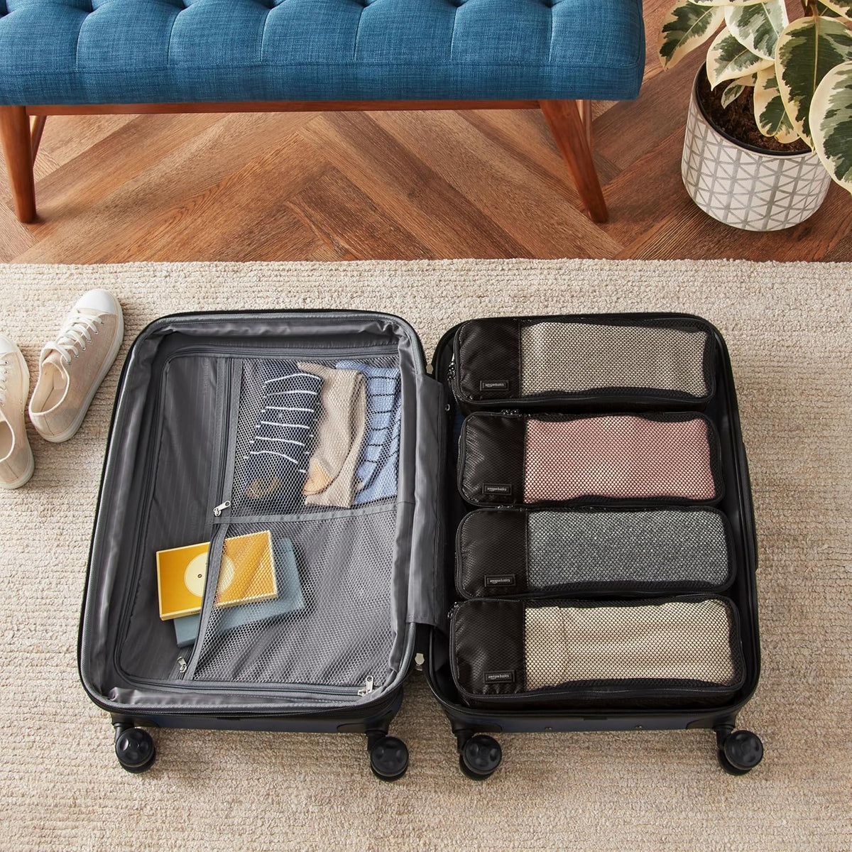 Amazon Basics Slim Packing Cubes for Travel, Packing Organizers, 4-Piece-Set With Double Zipper Pulls and Mesh Top Panel, 100% Durable Polyester, Black, 14"L x 5"W x 3"H - Roamly