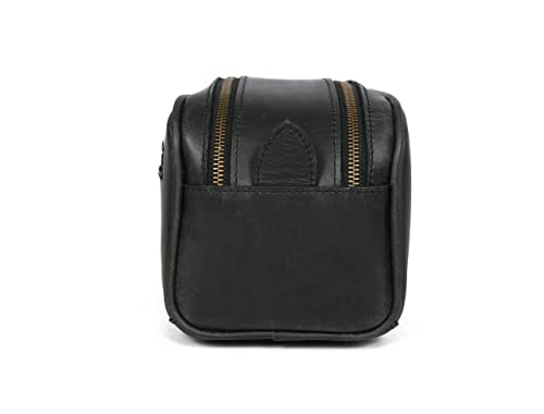10" Premium Leather Toiletry Travel Pouch With Waterproof Lining Black Color