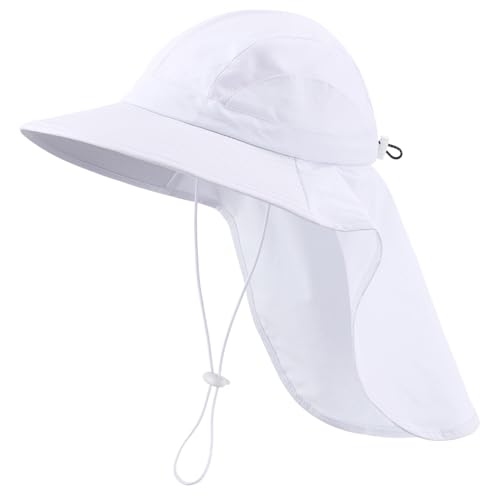 UPF 50+ Womens Mens Sun Hat with Neck Flap Wide Brim Fishing Hat Mesh Summer Beach Bucket Hat for Golf Hiking White