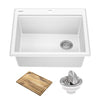 Bellucci 25 inch Granite Workstation Drop In Top Mount Single Bowl Kitchen Sink in White with Accessories