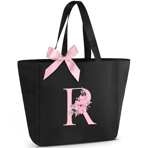 Tote Bag, A-Z Initial Monogrammed Waterproof Tote Bag, Bridesmaid Gifts for Women, Black and Pink (R, Black)
