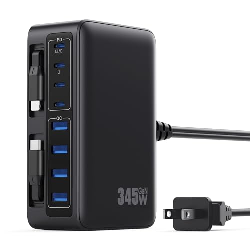 345W USB C Charger 10 in 1 Retractable Wall Charger with 2 Cables