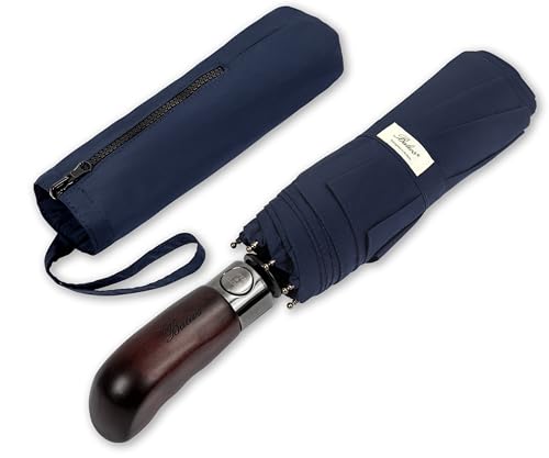 Folding Umbrella Real Wood Handle Auto Open Close Dark Navy