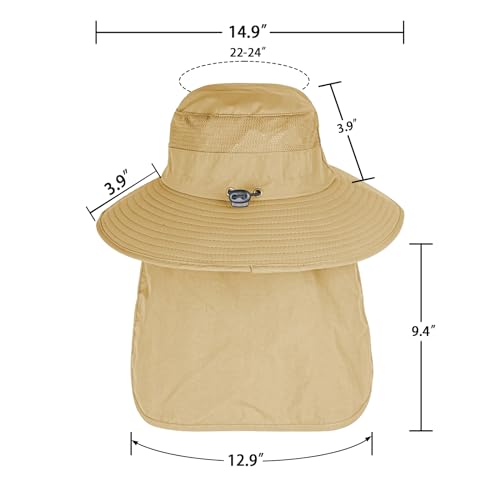 Sun Hats for Men Women Fishing Hat UPF 50+ Breathable Wide Brim Bucket Hats Summer UV Protection Safari Hat with Neck Flap Khaki