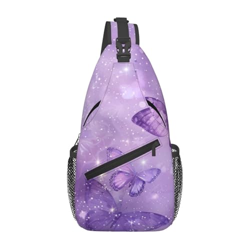 Sling Bag Butterfly Purple Pastel Hiking Daypack Crossbody Shoulder Backpack Travel Chest Pack for Men Women