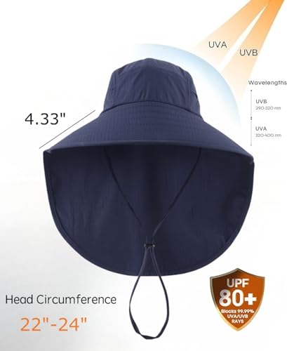UPF 80+ Sun Hat for Men Women Wide Brim Sun Hat with Neck Flap Summer Safari UV Protection Gardening Fishing Hat Navy Blue